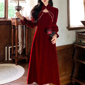 Fall and Winter Cheongsam Toast Dress Bride Engagement Evening Dress Plus Size Fancy Cut Out Long Sleeves Wine Red Dress