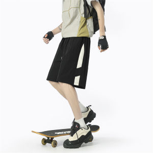 Summer New Ice Silk Casual Shorts Mens Loose Breathable Elastic Waist Five-Point Trendy Splicing Workwear Pants Straight Leg