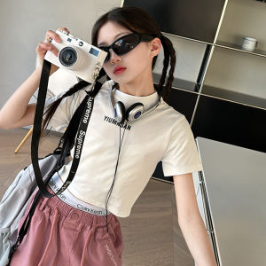 Girls Short Sleeve T-Shirt Short Style Korean Version Cotton Fabric Moisture Wicking round Neck Print Design for Children And Tweens