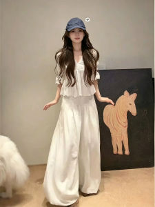 XUECAIQI | Unique Elegant White Lace V-neck Shirt and Wide Leg Pants Women Set
