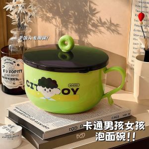 Large Capacity Stainless Steel Noodle Bowl with Lid And Handle Cartoon Dining Utensils for Boys And Girls Dormitory Use