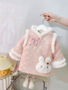 New Winter Childrens Cheongsam Hanfu Girls New Year Clothes Flag Robe Skirt Thickened Long Sleeve Middle Length Cotton Blend Fabric
