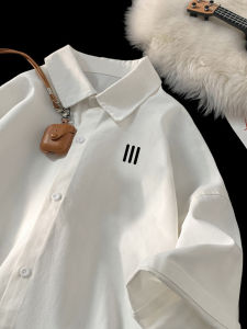 White Ice Silk Short Sleeve Shirt Mens Summer Thin Design High-End Loose Trendy Outerwear Polyester Fiber Non-iron Treatment