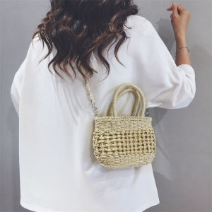 Retro Artistic Chinese Style Straw Woven Bucket Bag Womens Casual Crossbody Beach Sandals Small Bag Polyester Lining Washable