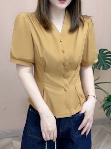 Elegant Slimming Design Versatile Short Sleeve Shirt Womens Fashionable French Style Summer New Arrival Polyester Fiber