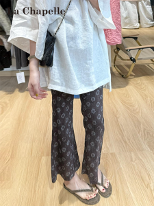 La Chapelle | Khaki Linen Printed Wide Leg Trousers