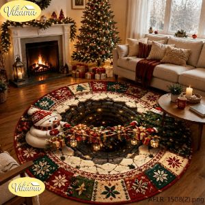 VIKAMA Christmas Round Rug 3D Well Snowman Gifts Lantern Area Rug Living Room Holiday Home Decor Aesthetic Art Large Premium