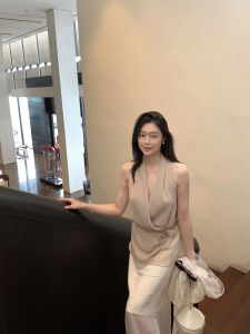 Áo Sơ Mi Lụa Cổ Chữ V Không Tay Thanh Lịch Dây Thắt Lưng Da Nhái Áo Sơ Mi Cổ Treo Chất Liệu 100% Polyester Phong Cách Pháp Dáng Ôm