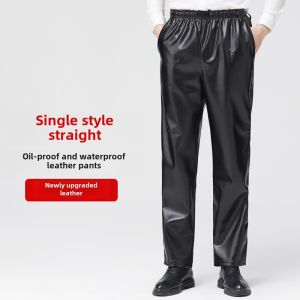 Leather Pants Mens Fleece-lined Thickened Winter Heattech Oil-Proof Waterproof Work Clothes Middle-Aged and Elderly Work Loose Labor Protection Leather Pants