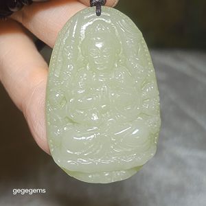 Gegegems premium Nephrite light yellowish green Thousand Hands Guan Yin Jade pendant (with certificate)