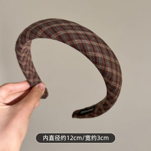Retro Plaid Sponge Hairband Womens High Forehead Face Slimming Hair Clip Early Autumn Elegance Versatile Headband