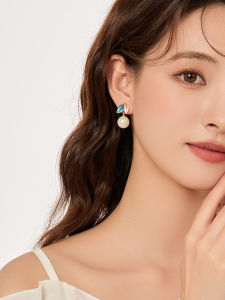 Stellar Leaf Pearl Earrings Womens No Piercing Sea Blue Incense Tray Clip-On Fashion Jewelry Fresh out Vintage Court Style