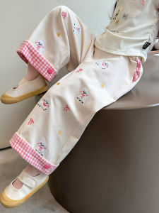 Spring Fashion Baby Girls Loose Straight Leg Pants Cartoon Embroidery Wide Leg Trousers Casual Loose Long Pants for Toddlers