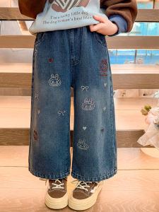 Girls Embroidered Loose Straight Jeans Autumn 2025 New Style Fashionable Baby Long Pants Casual Straight Leg Trousers