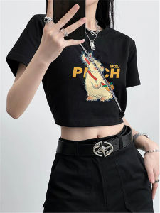 Áo Thun Cotton Tay Ngắn Màu Đen Cho Nữ Mùa Hè Thiết Kế Ôm Vừa Vặn Hở Eo Dáng Ngắn Phong Cách Hàn Quốc Cổ Tròn in Họa Tiết