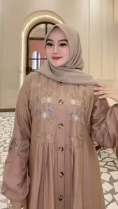 Gamis Wanita Terbaru Bahan Polo Linen mix Bordir OOTD Hijab Simple Modern Kekinian Trendy COD