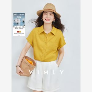 Vimly | Áo Sơ Mi Linen Tay Ngắn Cổ Elegante Màu Vàng cho Nữ