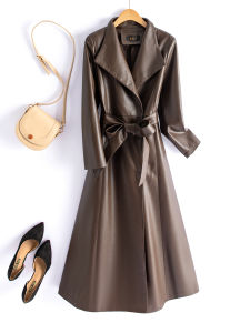 Spring Autumn New 2025 Genuine Leather Jacket Womens Mid-Length Slim Fit Sheepskin Long Over-Knee Coat Waist-Cinching Outerwear