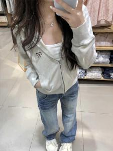Retro American Grey Hoodie Jacket Womens Spring Autumn Short Double Zipper Open Cardigan Top Slim Fit Embroidery Long Sleeve