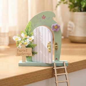 Fairy Garden Door Decor Set – Wooden Fairy Door with Plant Crochet Flower Ladder Sign Water-Based Paint Nursery Decor