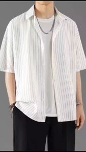 Korean Yarn-dyed striped fabric Short sleeves Shirts Business Casual Loose Lapel Tops