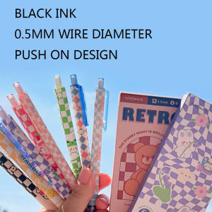 6PCS Retractable Gel Pens Set 0.5mm Black Ink Cute Checkerboard Bear Rabbit Design Smooth Writing for Students & Office