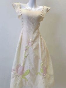 ชุดราตรีผ้าฝ้ายผสมสุดหรูสำหรับงานปาร์ตี้วันเกิด ชุดแต่งงาน ชุดราตรี แขนกระดิ่ง กระโปรงทรงเอ เอวสูง แขนสั้น ฤดูใบไม้ผลิ 2024