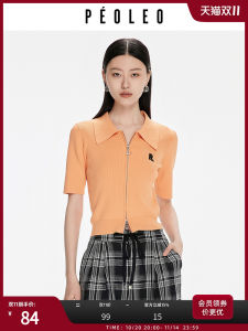 Peoleo Womens Knitted Short Sleeve Cardigan Slim Fit V-Neck Fashion Commute Double Zipper Autumn New Style Slimming Top