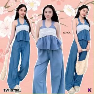 B19790  Set 2 ชิ้น เสื้อคล้องคอ + กางเกงขายาว Set of 2 pieces: halter top + long pants.