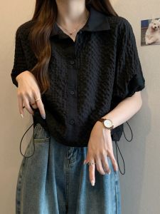 SHIMANQING | Black Polo Collar Short Sleeve T-Shirt Slimming Concealing Female