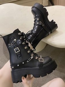 Womens Martin Boots Autumn Winter Thick Bottom High Heel Short Booties Warm Fleece Mid-Calf Cool Stylish British Style