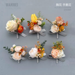 Wedding Tie Corsage Bridegroom Bride Boutonniere Parent Guest Groomsman and Bridesmaid Wrist Flower Etiquette Celebration Champagne Orange