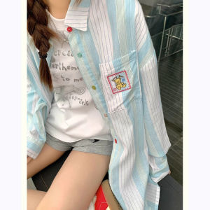 Loose Fit Casual Striped Shirt Womens Polo Collar Long Sleeve Spring Summer New Style Blue Ice Vertical Stripe College Style
