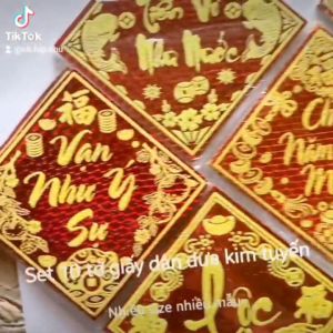 SET 10 Tờ Giấy Dán Dưa Trang trí tết Chữ Kim Tuyến Có Keo Dán