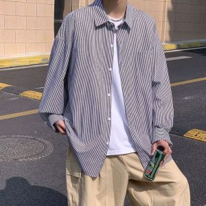 Japanese Style Blue Stripes Shirt Mens Fancy Early Spring Tops Trendy Casual Preppy Style Long Sleeve Shirt Coat