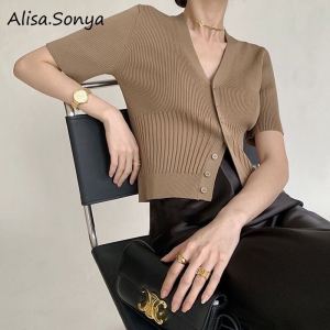 (CLE)Alisa.Sonya Womens Solid color slim fit Short Sleeve Sweater V Neck Pullover Tops Ribbed Knit Sweater Blouse