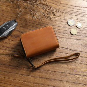 Double Zipper Crazy Horse Leather Retro Card Case First Layer Cowhide Coin Purse Car Key Keychain Holder with Hand Wrist Strap