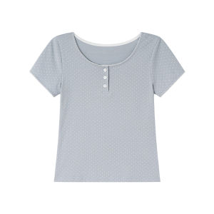 Floral Ruffled Round Neck Polka Dot Slim Fit T-Shirt