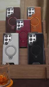 For Samsung Galaxy S26 Ultra S25 Edge S24 S23 Plus PU Leather Phone Case For MagSafe Magnetic Ring Holder Stand Shockproof Cover
