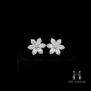 BAM10 Bông tai nữ hình hoa 6 cánh -bạc 925 xi bạc - xi bạch kim đính đá CZ