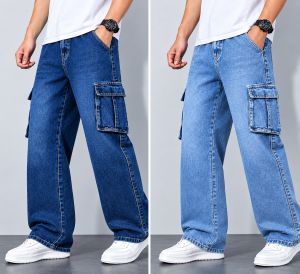 Mens High Quality Cargo Jeans Wide Leg Pants with Side Pockets and Casual Fit