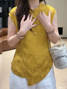 Shalldoer | New Chinese Style Floral Embroidery Retro Buttonless Sleeveless Shirt For Women Elegant Unique Summer Top Asymmetrical Design