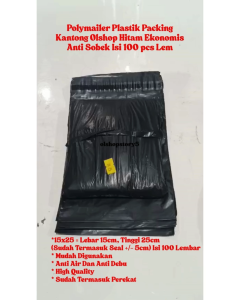 Polymailer Plastik Packing Kantong Olshop Hitam Ekonomis Anti Sobek Isi 100 pcs Lem