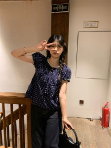 In Stock Summer Sweet and Spicy Navy Blue Polka Dot Lace Ruffled Short Sleeves Baby Shirt Top Cute Short Shirt for Women