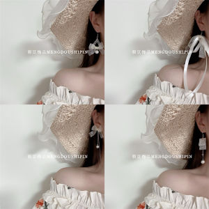 Sweet Pearl Ear Cuffs with Ribbon Bowknot Design in Soft Beige Adorable Girl Heart Fashion Jewelry Earrings Handmade Accessories