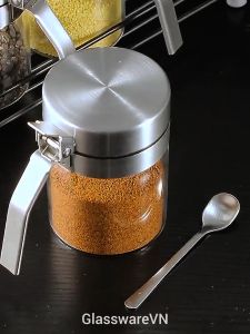 Hũ Lọ Gia Vị Thủy Tinh Nắp Tay Cầm kèm Thìa Inox 304 Sang Trọng Cao Cấp dung tích 300ml.