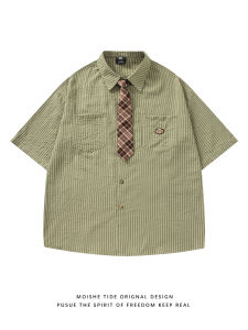 Loose Fit Casual Short Sleeve Striped Shirt Mens Summer Leisure Half Sleeve Shirt Vintage Japanese Style Polyester Fiber