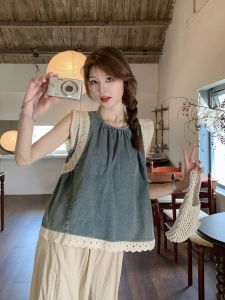 French Style Lace Splice Loose Summer Shirt Womens Vintage Sleeveless Doll Shirt Commute Style Pure Color Backless Design