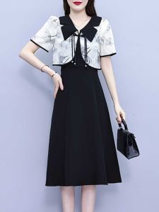 Elegant Chinese Style Two-Piece Set Short Sleeve Midi Dress Womens Summer Fashion Quilted A-Line Skirt Elegant Atmosphere
