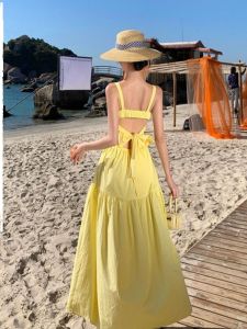 French Beach Dress Summer Long Sling Yellow Dress with Ruffles and Bows High Waist Chiffon Material for Vacation Parties